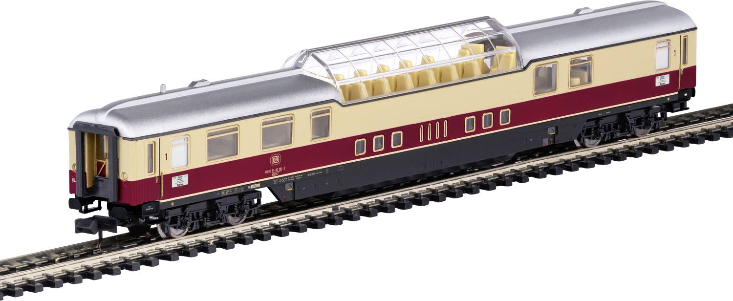 A model train car with a maroon and beige color scheme and a transparent roof is shown on a railroad track.