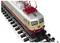 Model train with a beige and red locomotive featuring 'DB' logo, on a black and white track. The train has red electrical equipment on top.