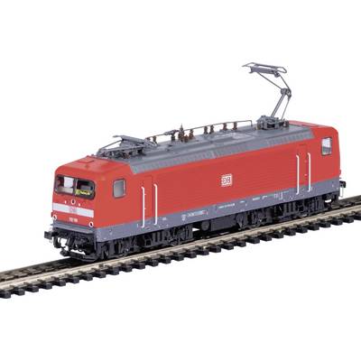A red and gray model train locomotive on a track, featuring detailed roof equipment and realistic wheels, viewed from the side.