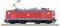 A red electric locomotive on a railway track, displaying the DB logo prominently on its side.