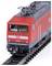 A model of a red train locomotive on tracks, featuring the label 'RE1 Hamburg Hbf' on the front display.