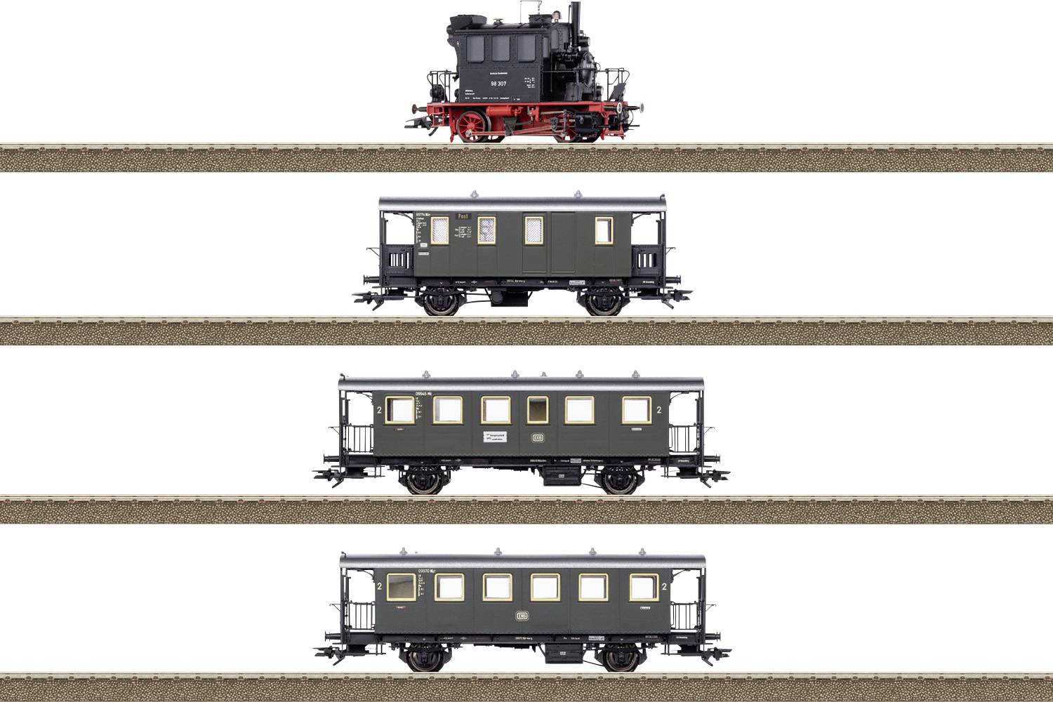 A small black steam locomotive followed by three identical green train cars, each on separate tracks, aligned vertically.