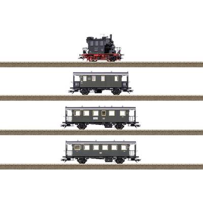 A small black steam locomotive followed by three identical green train cars, each on separate tracks, aligned vertically.