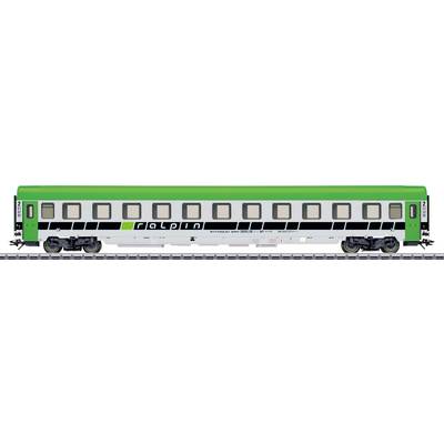A model train car with a green roof and white body features 'Falpin' text and black horizontal stripes, shown on railroad track.