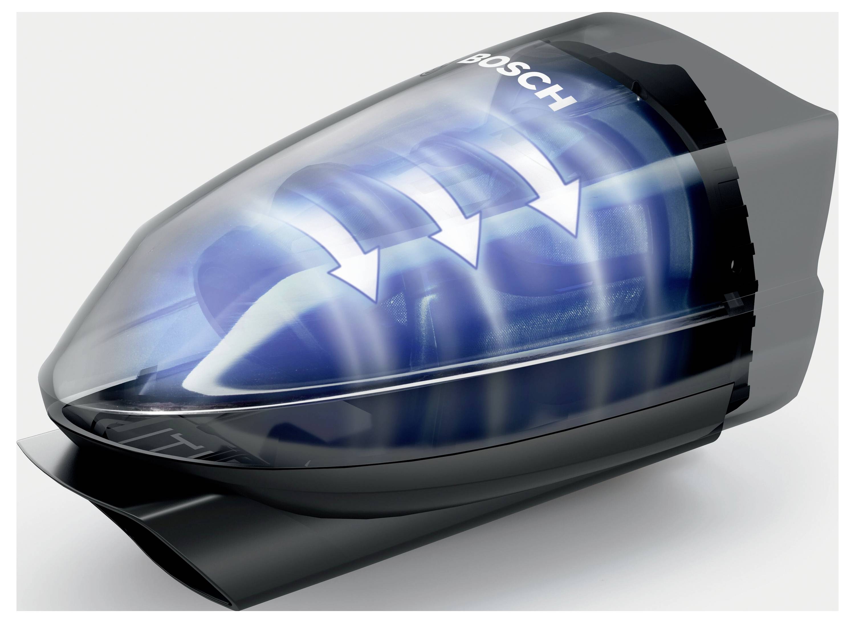 A transparent device component showing blue internal parts with white arrows indicating airflow direction inside.