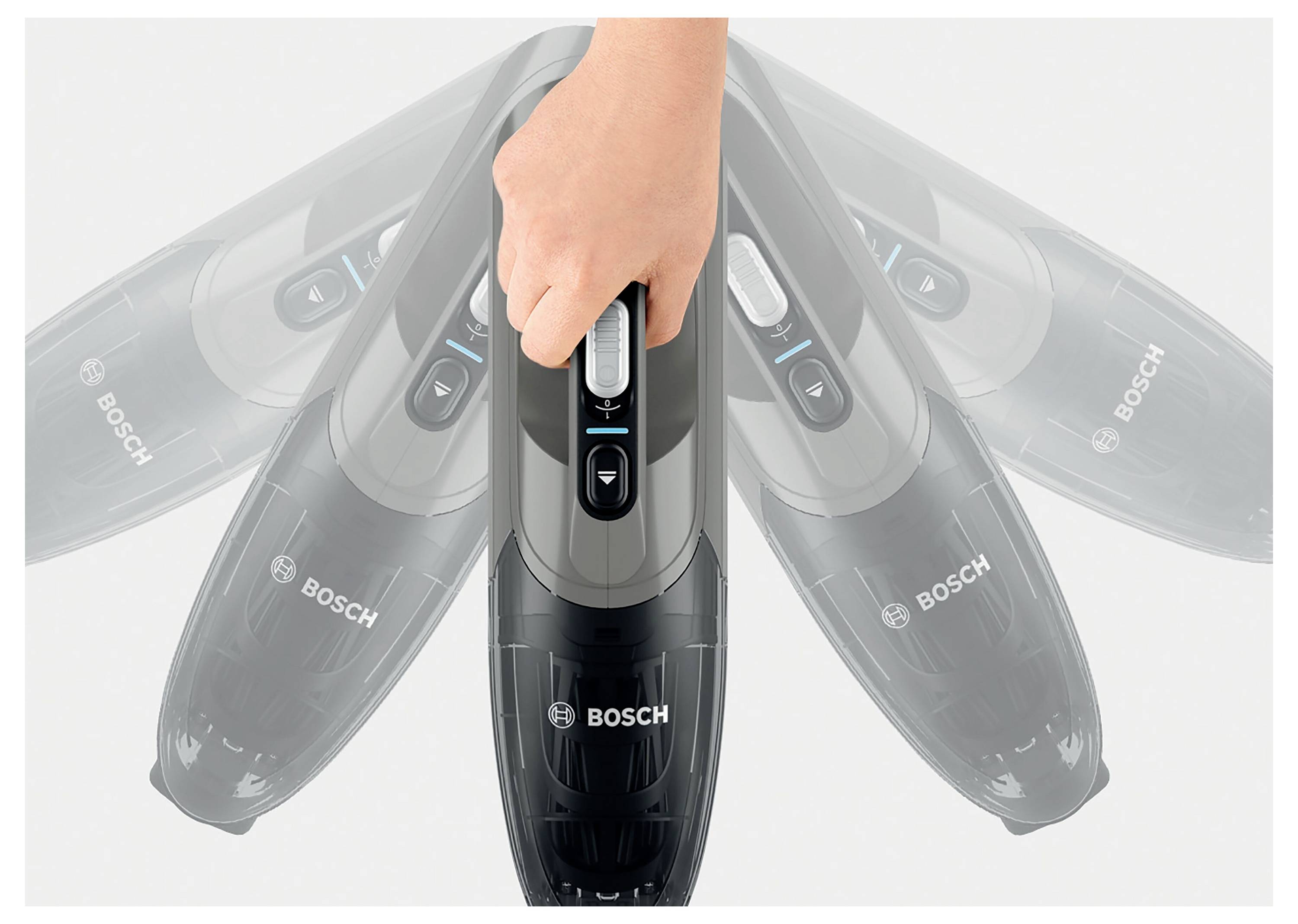 A hand adjusts the settings of a Bosch vacuum cleaner, showcasing its ergonomic design and control features.