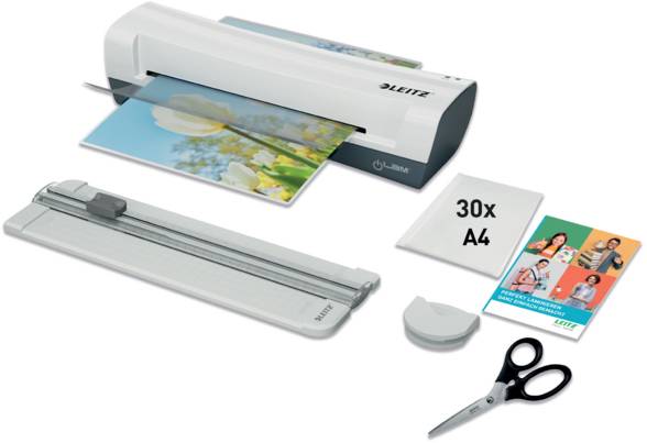 'Laminator kit with a laminator, paper trimmer, corner rounder, scissors, 30 A4 laminating pouches, and instruction booklet.'