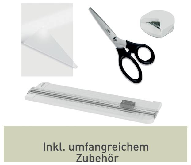 Scissors, corner cutter, and paper trimmer with measurement guide, advertised as 'Inkl. umfangreichem Zubehör' (Includes extensive accessories).