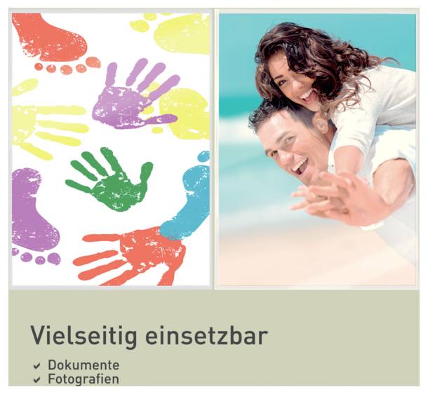 A collage with vibrant hand and foot prints on left, a joyful couple at the beach on right. Caption reads 'Vielseitig einsetzbar' with document icons.