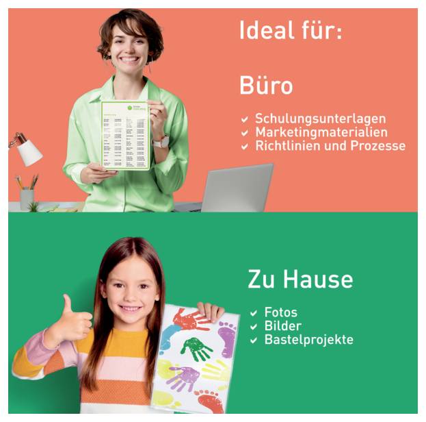 A woman in an office holds a checklist labeled 'Ideal für: Büro' with items for office tasks. Below, a child shows art, labeled 'Zu Hause' with tasks for home.