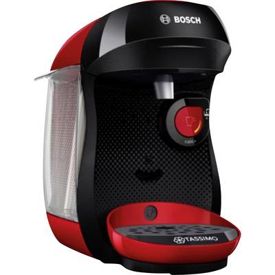 Red and black Bosch Tassimo coffee machine with a water tank, cup holder, and control button.