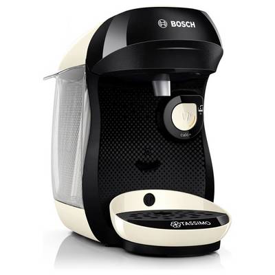 A black and white Bosch Tassimo coffee machine with a 'calc' indicator and a water reservoir, used for brewing single-serve drinks.