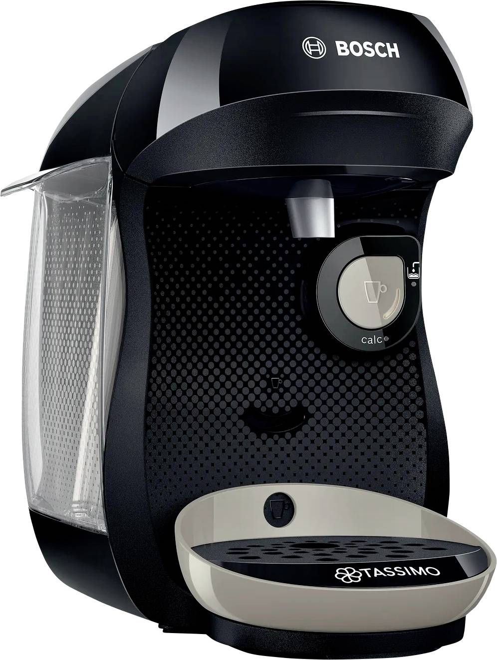 A black Bosch Tassimo coffee maker with a water tank on the side, designed for single-serve coffee brewing, sits on a plain background.