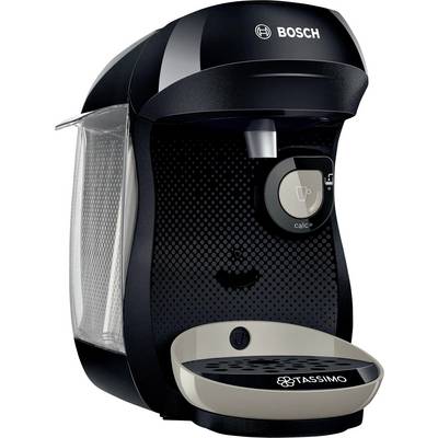 A black Bosch Tassimo coffee maker with a water tank on the side, designed for single-serve coffee brewing, sits on a plain background.