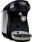 A black Bosch Tassimo coffee maker with a water tank on the side, designed for single-serve coffee brewing, sits on a plain background.