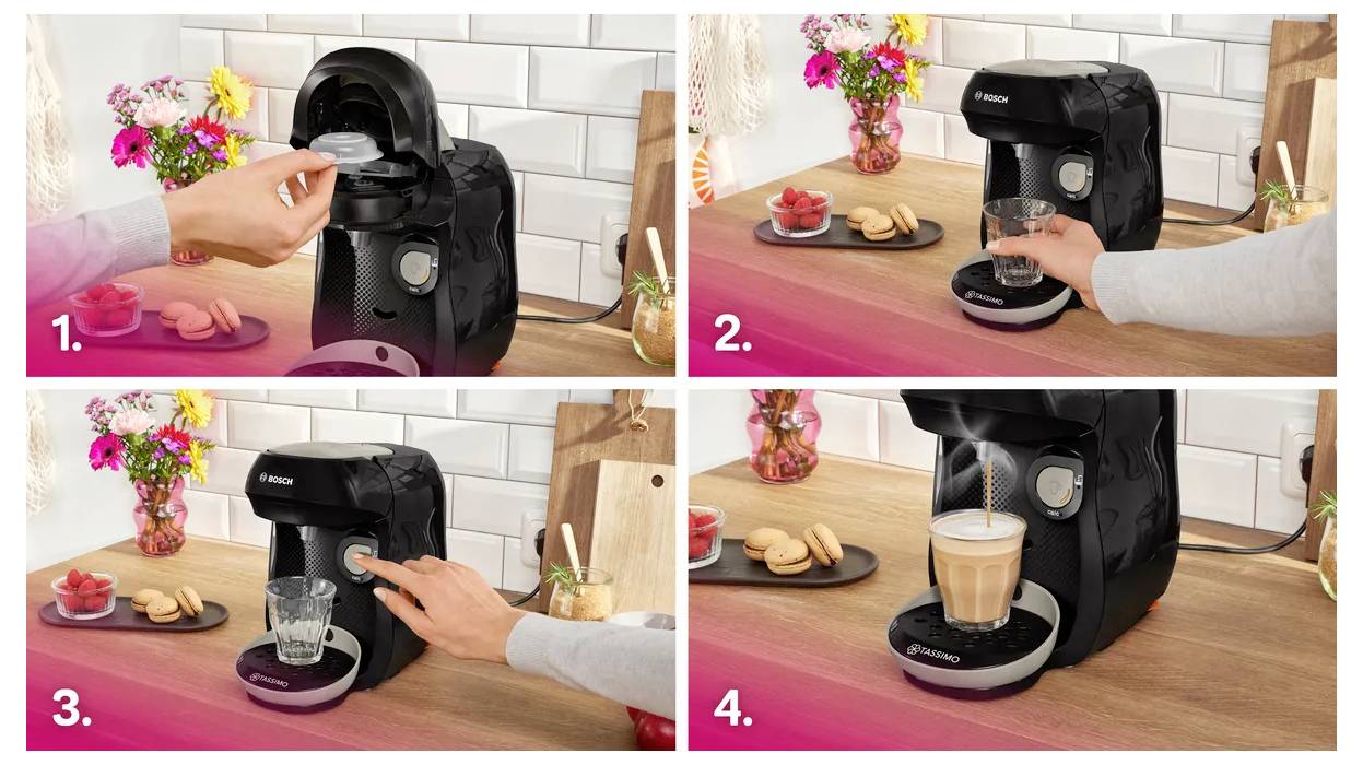 'Collage of four images showing steps to use a coffee machine: inserting a pod, positioning a cup, pressing a button, and a filled cup.'