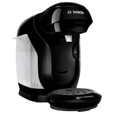 Black Bosch Tassimo coffee machine with a sleek design, featuring a water tank and cup stand, suitable for making various coffee beverages.
