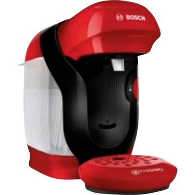 A red Bosch coffee machine with a sleek black panel and drip tray, designed for single-serve coffee pods.
