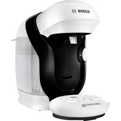 A black and white coffee maker with a 'Tassimo' logo, featuring a water tank, button controls, and a detachable drip tray.