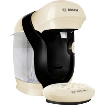 Bosch Tassimo coffee machine with a black front and cream-colored sides, featuring a capsule holder and drip tray for brewing drinks.