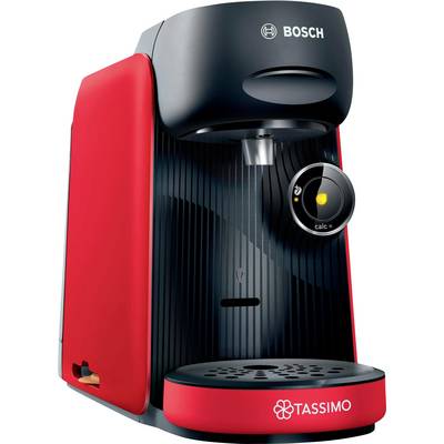 A red and black Bosch Tassimo coffee machine with a cup platform, control button, and water tank, designed for brewing various coffee types.