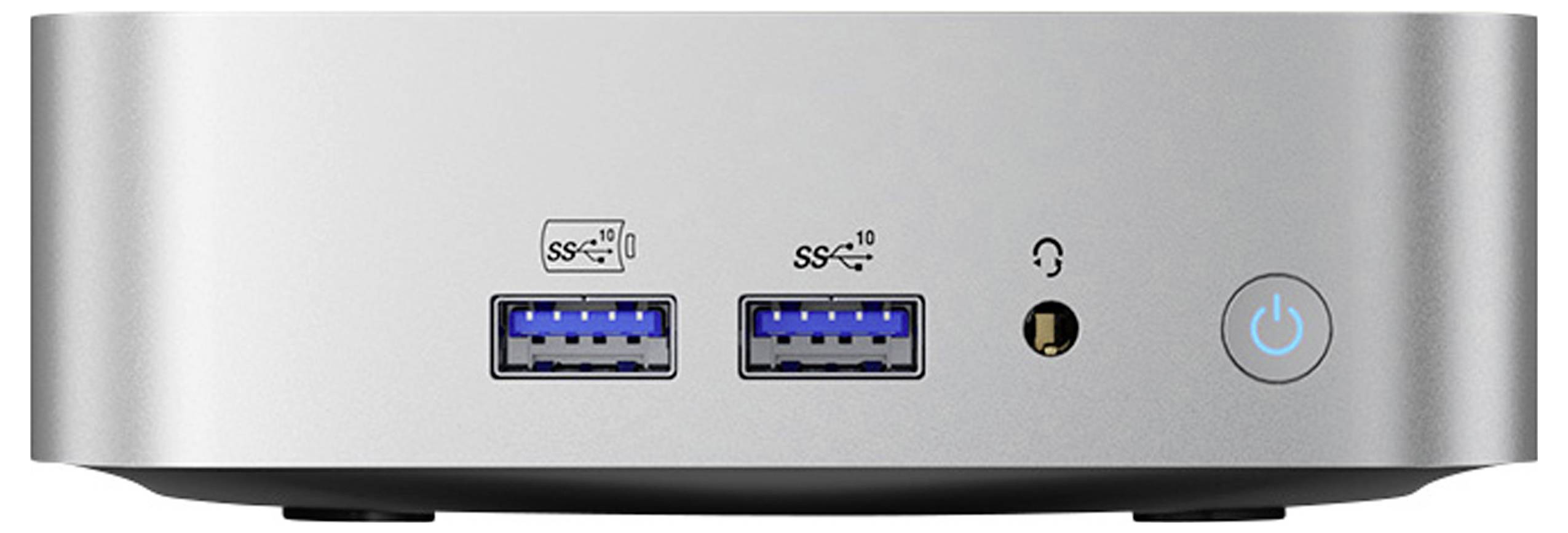 Compact desktop computer front view showing two USB ports, one audio jack, and a power button, all arranged on a silver casing.
