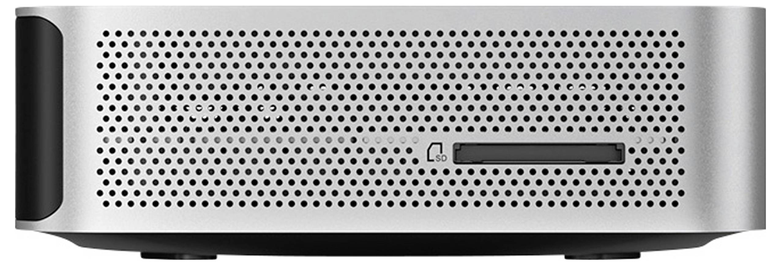 A silver electronic device with perforated sides and a horizontal slot. The device's surface curves slightly, with minimal visible controls.