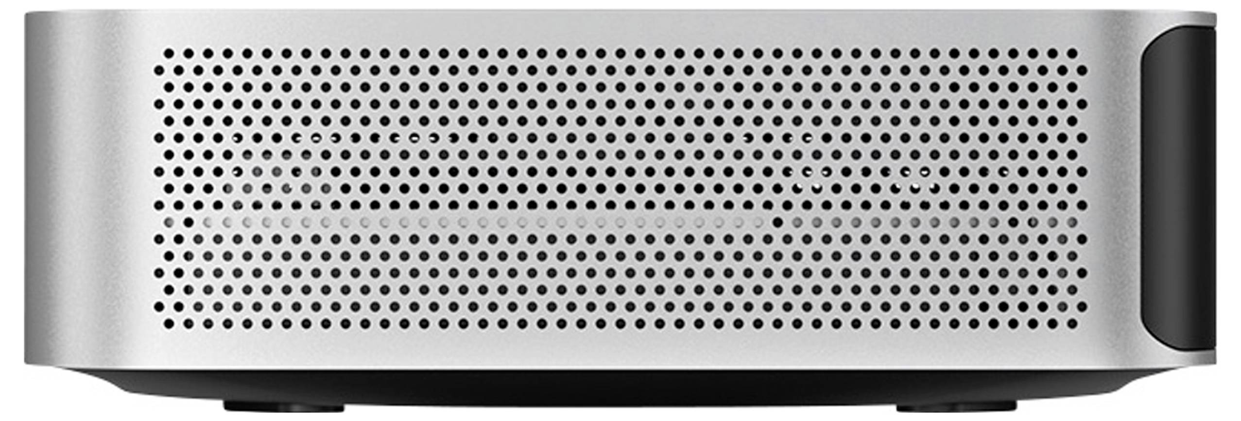 A silver, rectangular speaker with a perforated front grille and rounded black side ends.