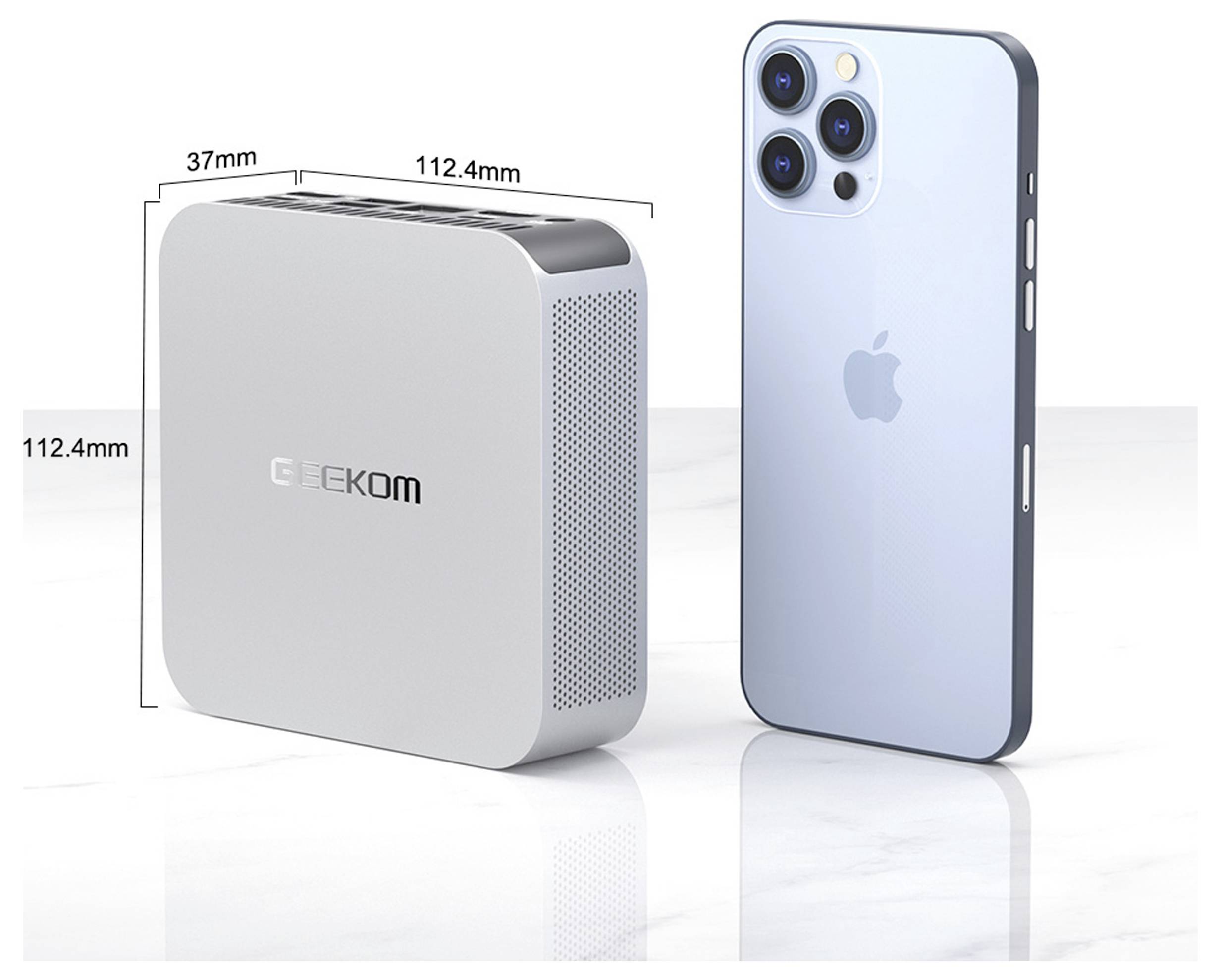 'A mini PC measuring 112.4mm x 37mm x 112.4mm is shown next to a smartphone for size comparison.'