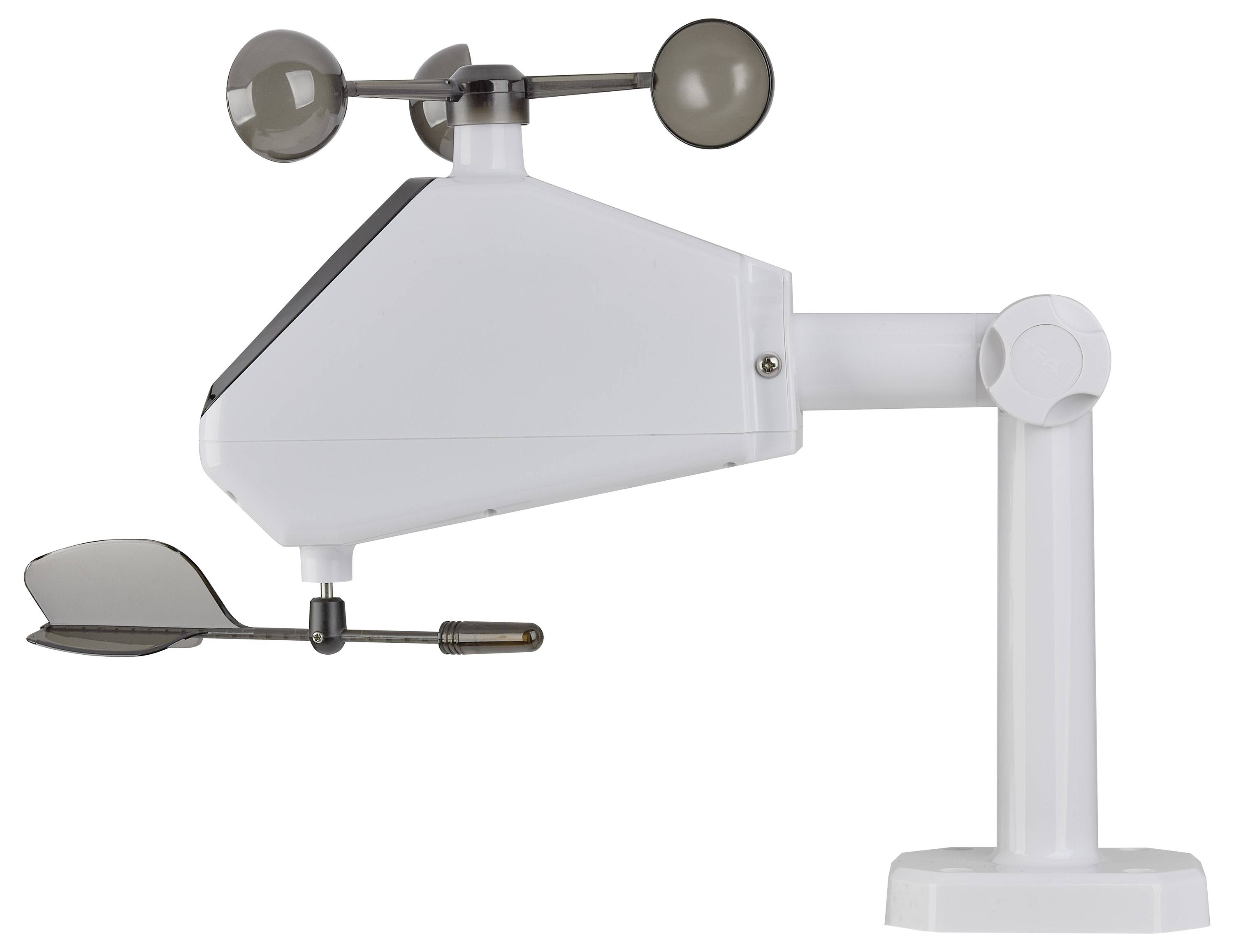 A white weather vane and anemometer mounted on a stand, with three cups for measuring wind speed and a directional vane for wind direction.