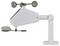 A white weather vane and anemometer mounted on a stand, with three cups for measuring wind speed and a directional vane for wind direction.