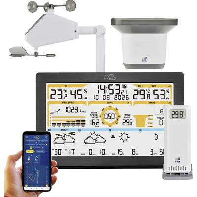 A digital weather station display showing temperature, humidity, time, wind speed, direction, pressure, and connected mobile app interface.