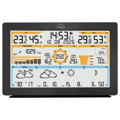 'Weather station display showing indoor temp 23.2°C, humidity 45%, outdoor temp 29.8°C, humidity 53%, pressure 1029.1 hPa, wind speed 16.2 km/h.'
