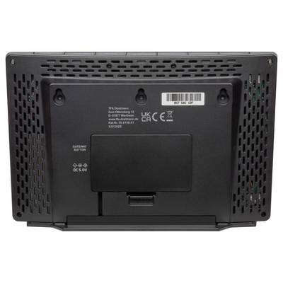 'Back view of a rectangular device with vented side panels, model information, power input (DC 5.0V), and a labeled gateway button.'