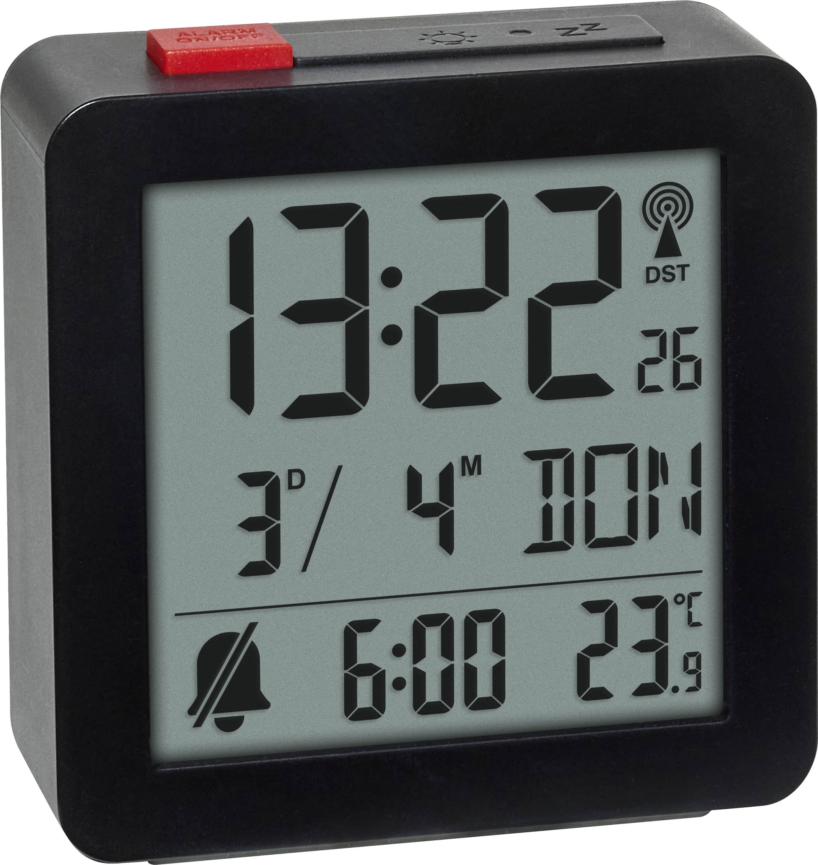 A digital clock displaying '13:22' with date, alarm set for '6:00', and temperature '23.9°C'. It shows day '3' and month '4'.