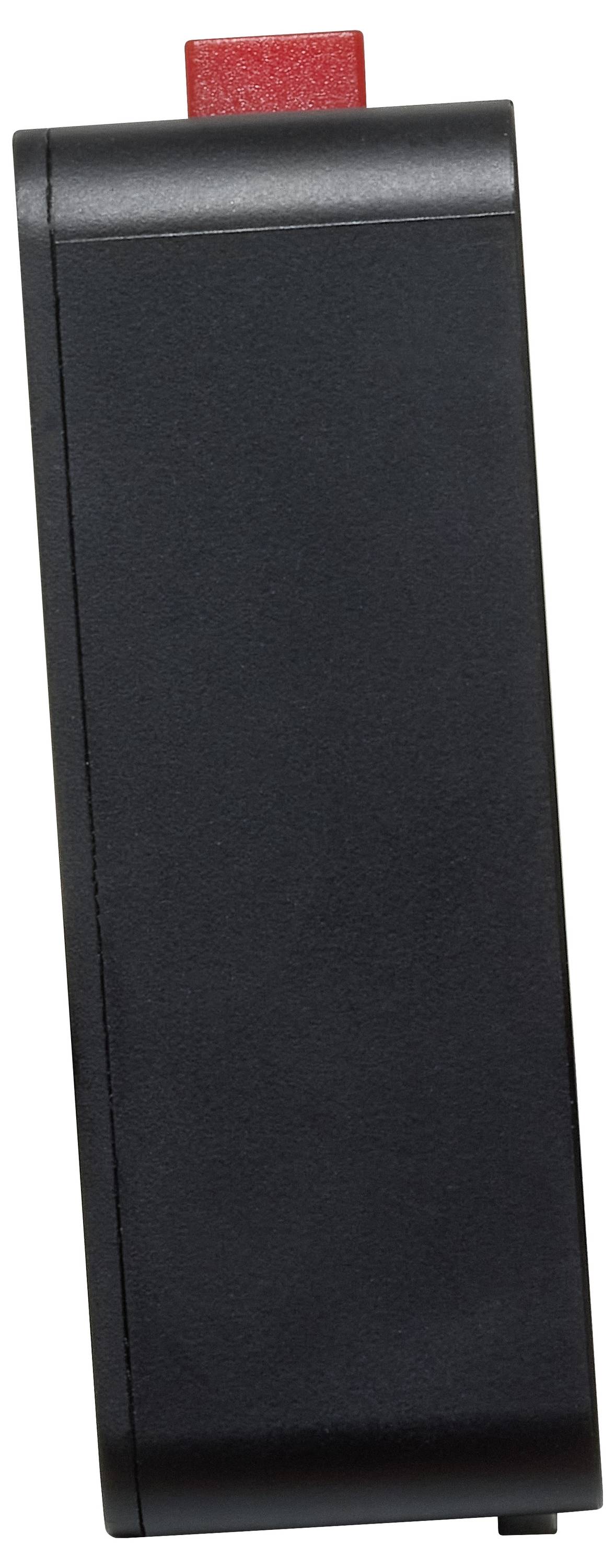 A black rectangular device with a red button on top, possibly a remote control or electronic component.