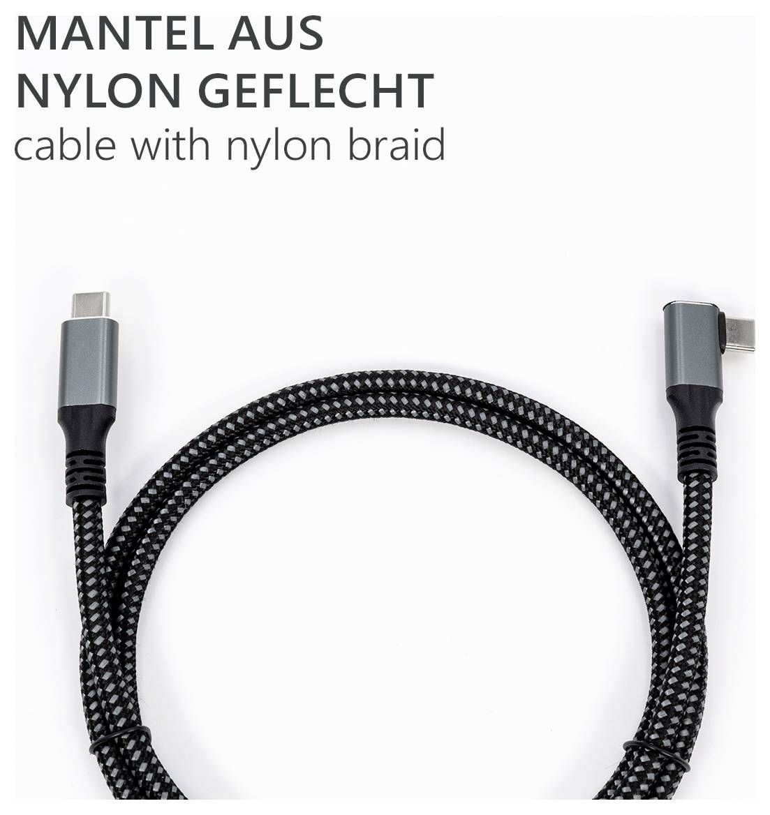 Charging cable with nylon sheath and USB-C connectors, robust construction. Text in image: 'Nylon braided jacket, cable with nylon braid'.