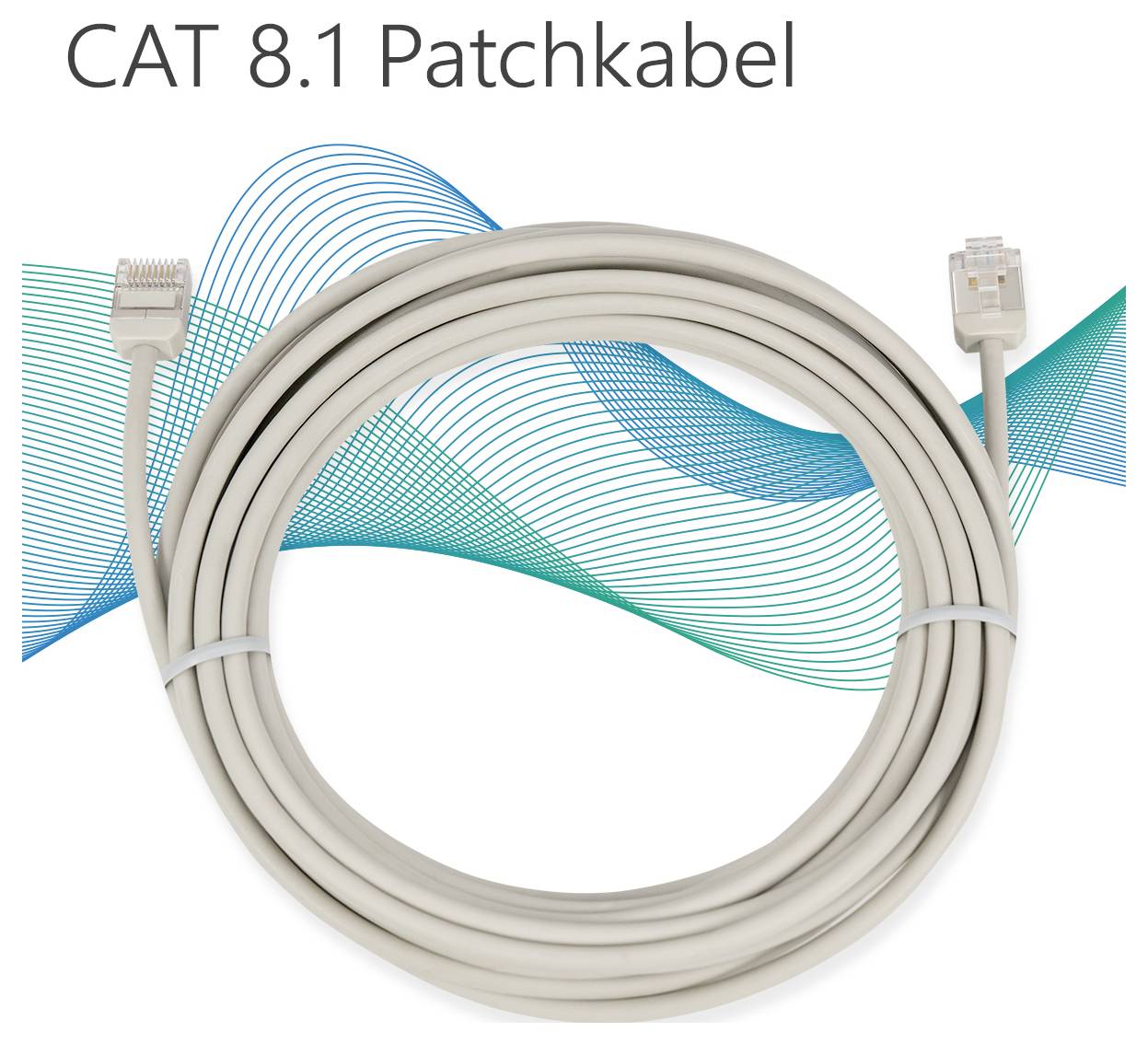 'A coiled beige CAT 8.1 patch cable on a white background with blue and green wave patterns. Text above reads CAT 8.1 Patchkabel.'