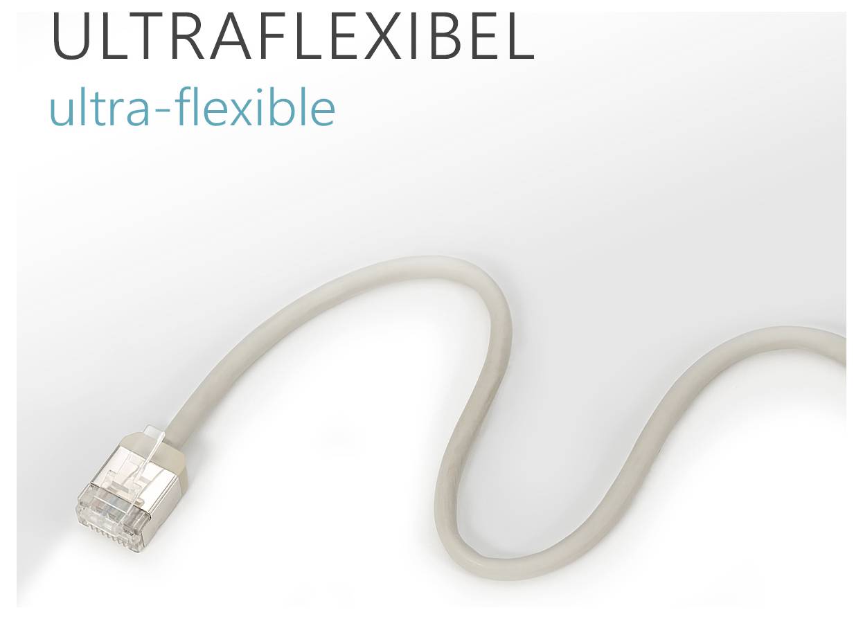 An ultraflexible Ethernet cable with RJ45 plug, slightly curved. Text: 'ULTRAFLEXIBLE'.