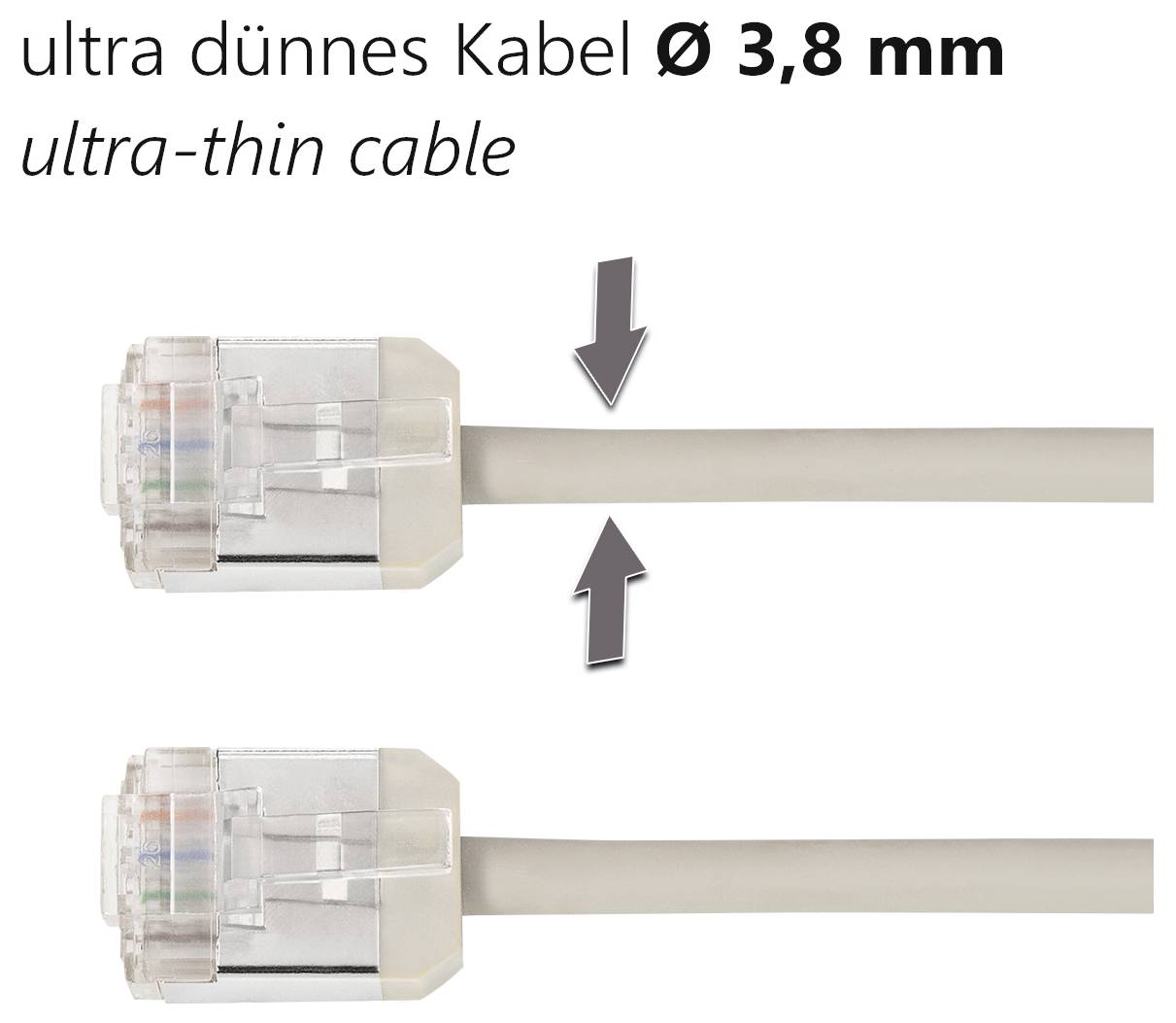'Ultra-thin cable Ø 3.8 mm' shows a flat network or telephone cable with plugs at both ends, emphasising its minimal thickness.