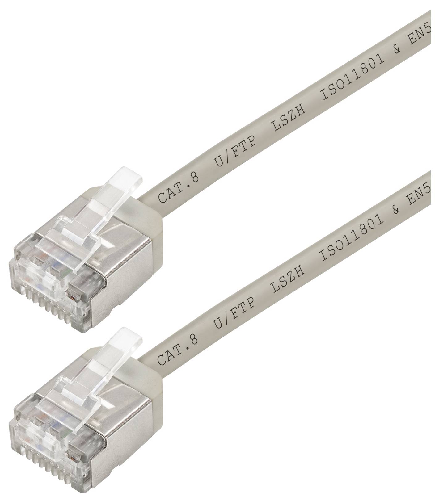 Cat 8 ethernet cable connectors with labeling: 'CAT.8 U/FTP LSZH ISO11801 & EN5'. Focus is on the cable ends and printed text.