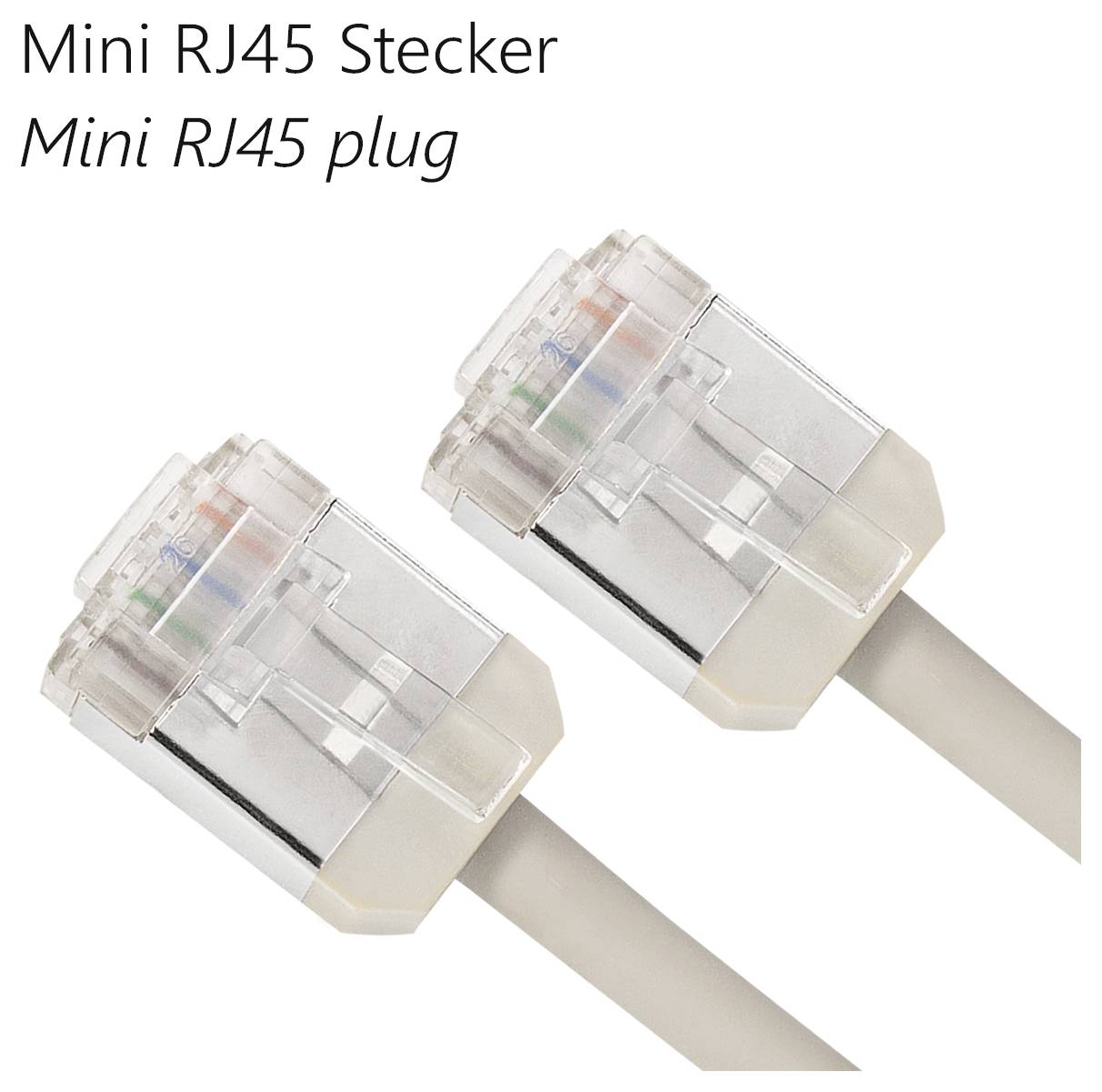 'Mini RJ45 Plug': Two transparent RJ45 plugs on grey cables used for network connections.