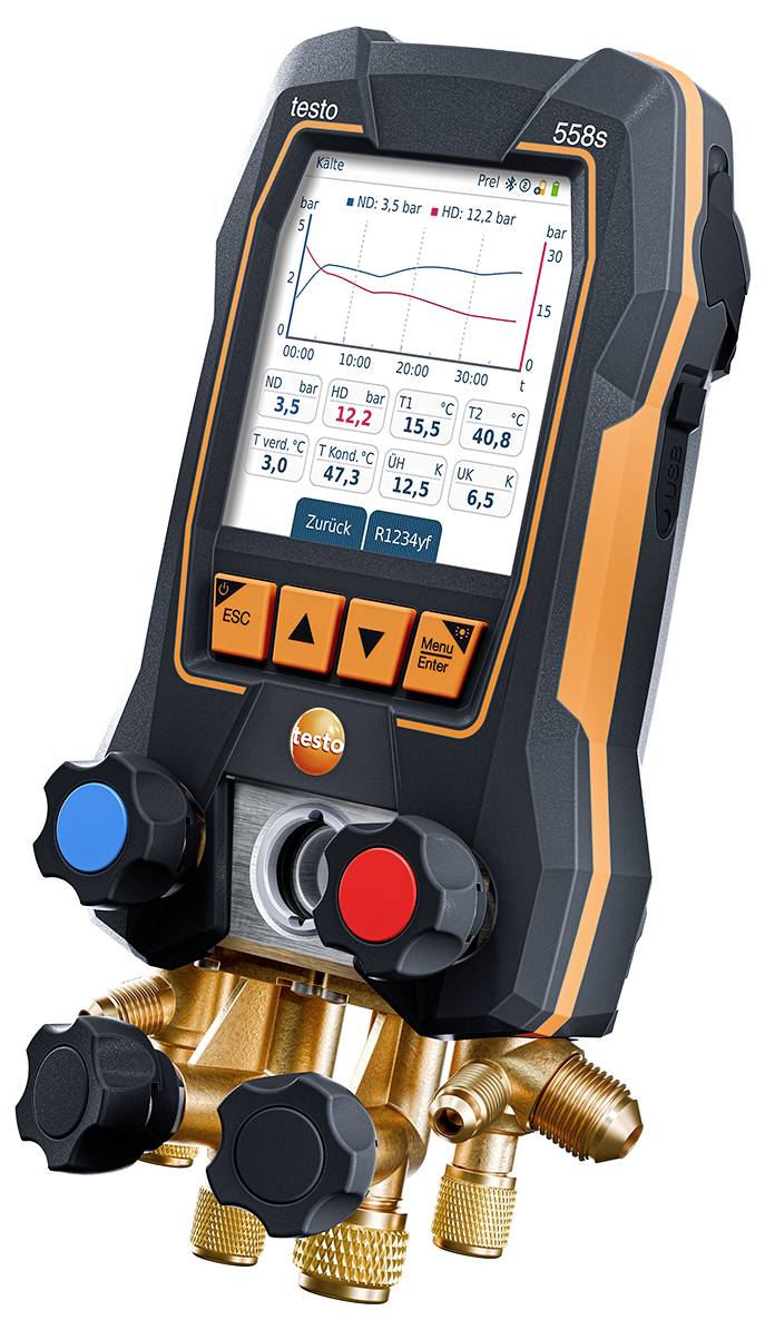 Digital manifold tool with a display showing pressure readings in bar. It has colored knobs and metallic connectors for HVAC system diagnostics.