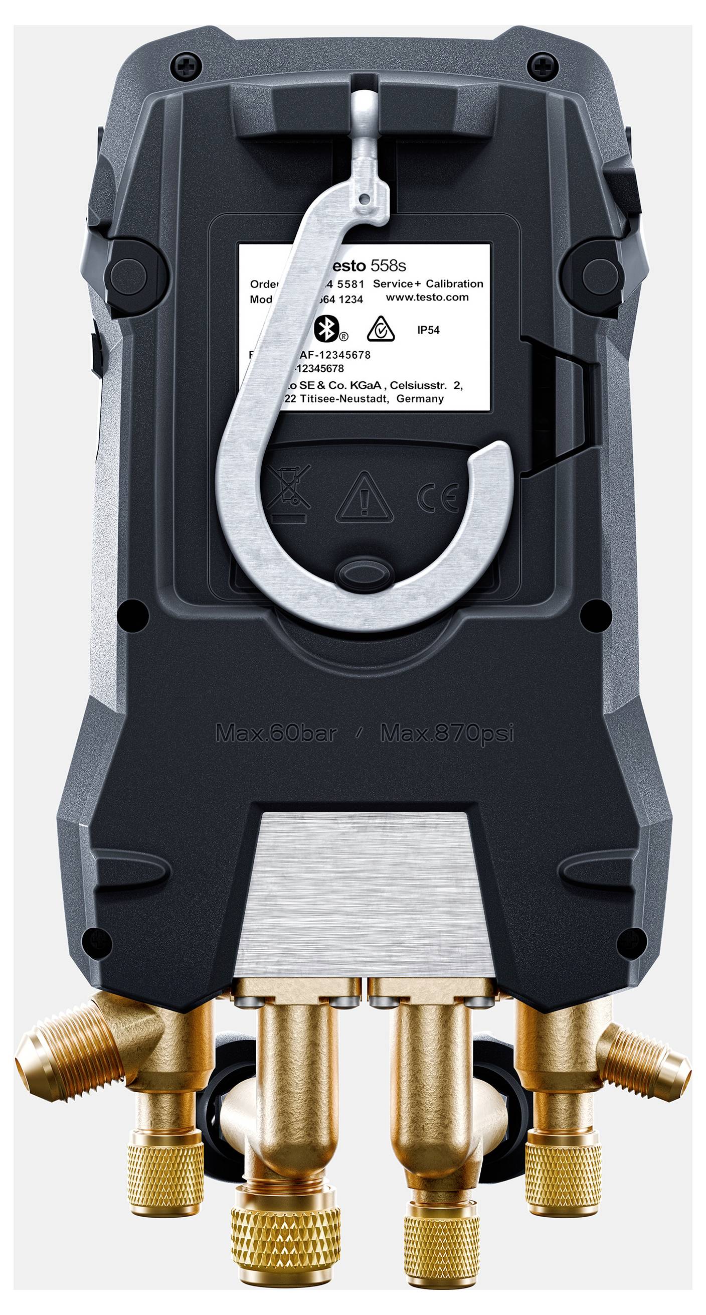 A black and gray Testo device with gold connectors and a metallic hook. Labels include specifications and manufacturing details.