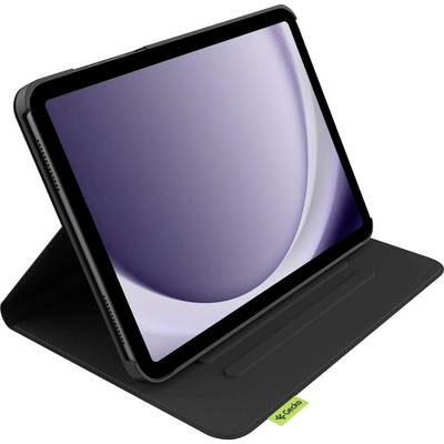 A tablet in a black case stands upright, displaying a blank screen with a gentle gradient of light purple to dark purple.
