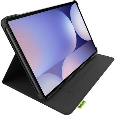 A tablet with a colorful abstract wallpaper is in a black protective case, propped open in a stand position, suggesting readiness for use.