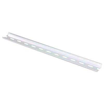 A metal mounting bracket with evenly spaced slots, typically used for securing electrical components.