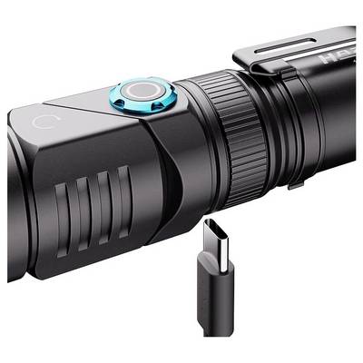 A black flashlight with a USB-C charging port detail, showing a focus adjustment ring and a blue power button on the handle.