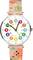 A colorful children's watch with multicolored numbers from 1 to 12 and 13 to 24 on the face. The strap features playful animal designs.