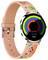 Smartwatch with colorful circular display showing step count of 32,768, calories burned 24.58, heart rate 829 on a pink band.